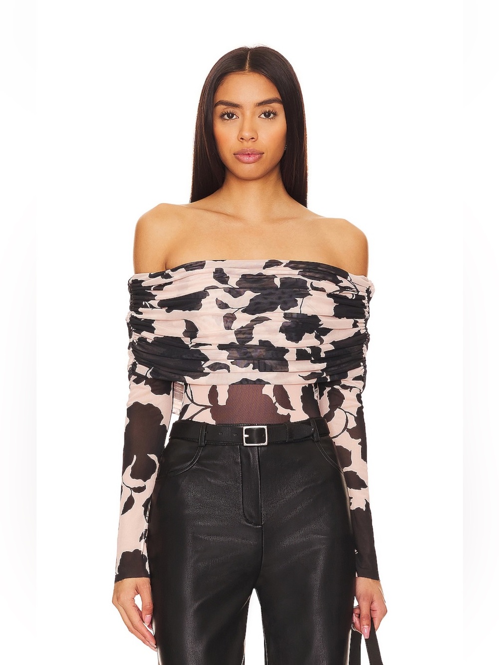 AFRM Off-Shoulder Ruched Floral Mesh Bodysuit in Pink and Black revolve nwt